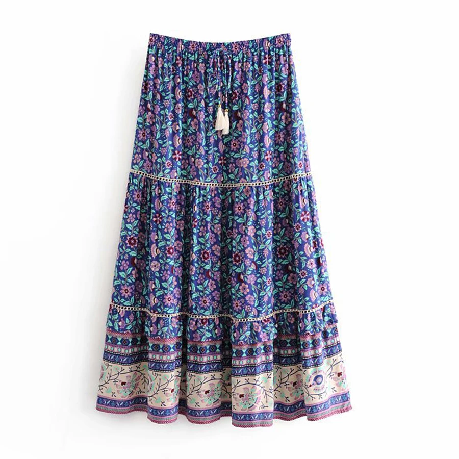 MIDI skirt TEELYNN юбка миди для женщин городская Цыганская пляжная одежда из вискозы с цветочным принтом летняя юбка с завязками на талии - Цвет: MIDI skirt