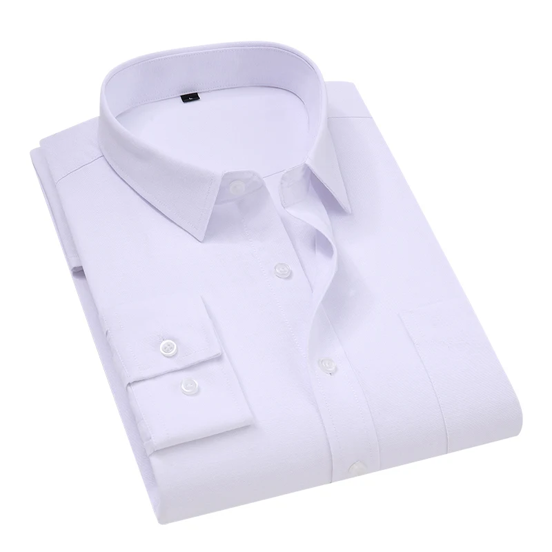 

Plus Size 5xl Fashion Soft Turn Down Collar Black Button Long Sleeved Twill Solid Business Men Dress Shirts No Front Pocket