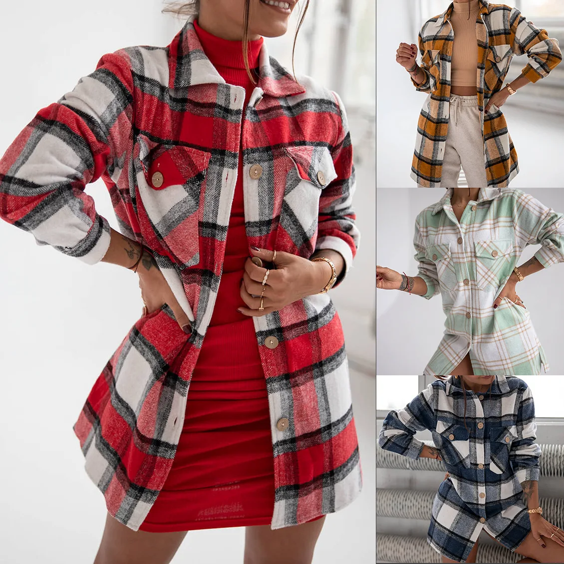 

Женская рубашка с длинным рукавом, длинное однобортное пальто в клетку с карманами, Осень-зима
