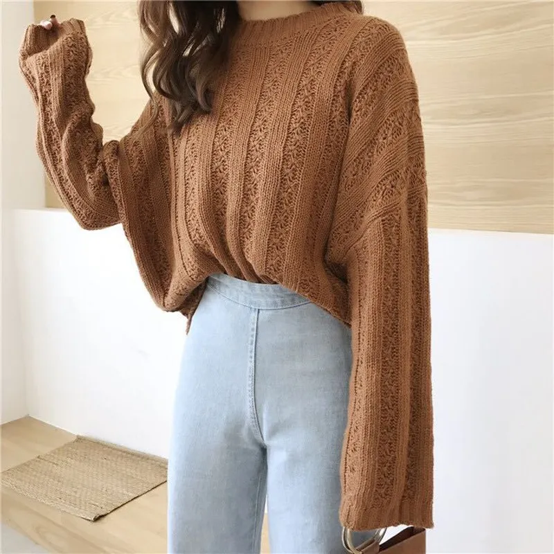 

Autumn Winter Women Fashion Solid Color Sweaters Vintage Style Casual Round Neck Long-sleeved Knit Pullovers Sweater