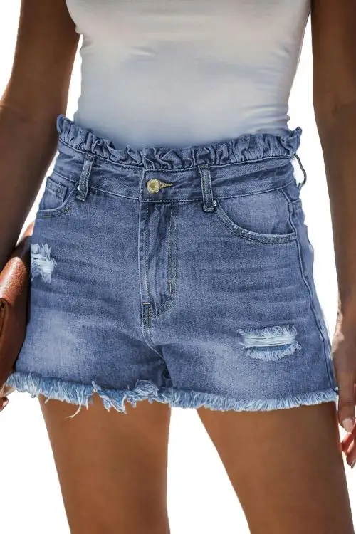 Женские джинсовые шорты с высокой талией небесно-голубые облегающие и эффектом