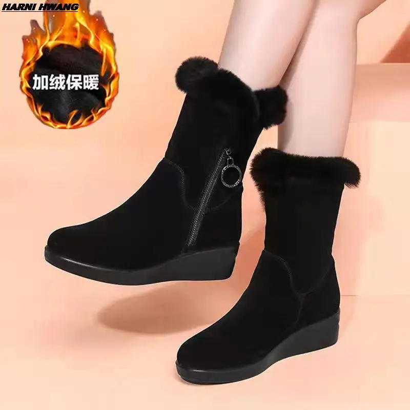 

Winter Snow Boots 2021 New Women's Cotton ShoesWarm Plush PlatformsSide ZipRound ToeThick BottomAntiskid Female Footware BLACK