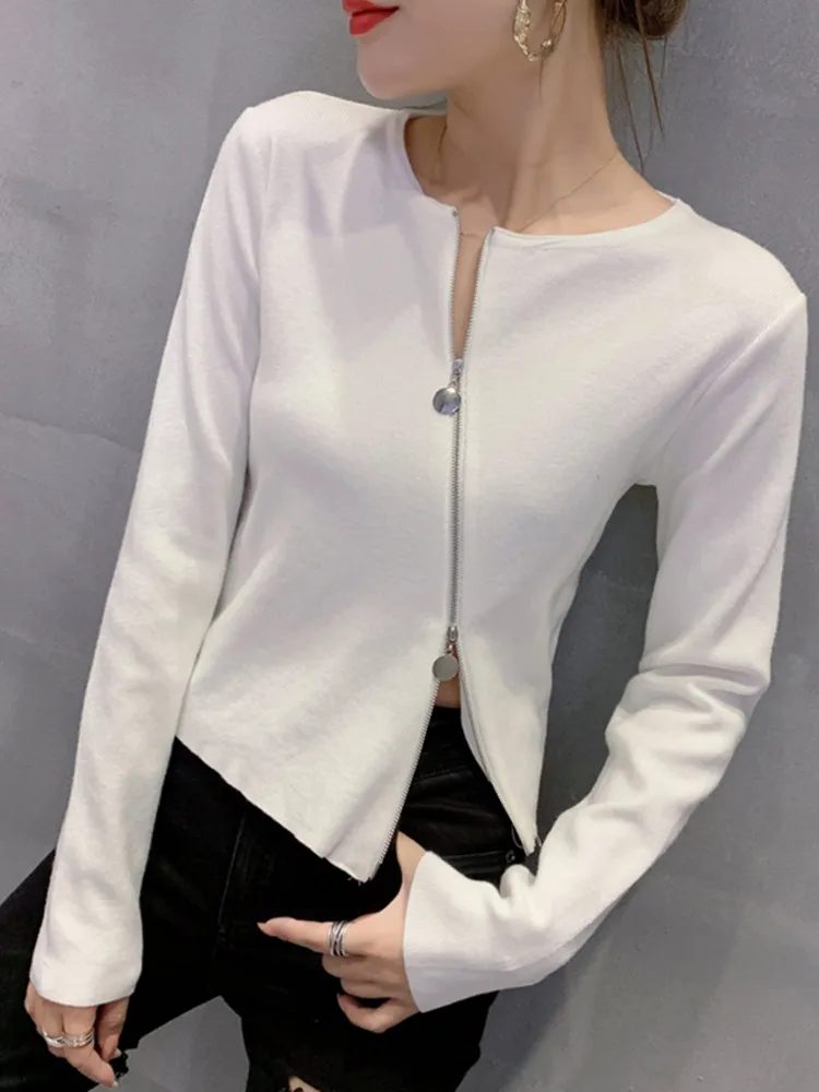

New 2020 Gray Sweater Solid O-Neck Oblique Zipper Short Sweater Long Sleeve Multi Colors Pullover Jumper Knit T00305A