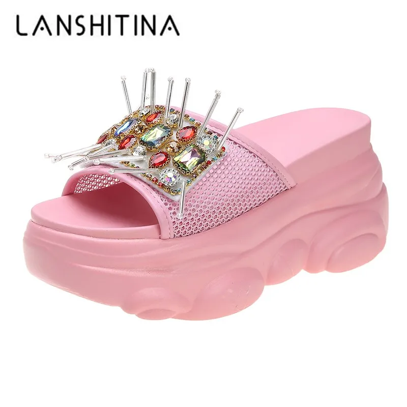 

Summer Rhinestone Women Slippers 2020 High Platform Wedges Sandals 9CM Heels Outside Flip-Flops Colorful Women White Sneakers