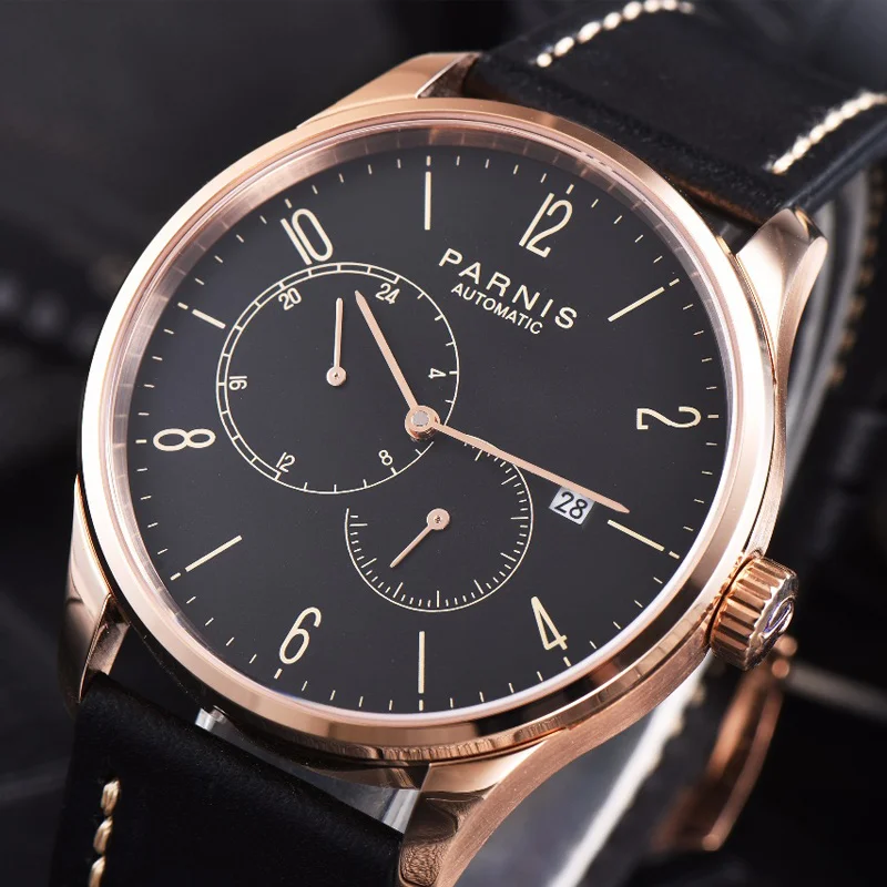 Мужские Водонепроницаемые механические часы с автоматической датой и кожаным