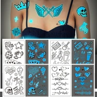 12 kinds new blue light luminous tattoo temporary adult men women body art noctilucent sticker disposable nightclub party makeup