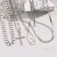 punk multilayer crystal tennis chain cross pendent choker necklaces for women silver color metal chain portrait necklace jewelry