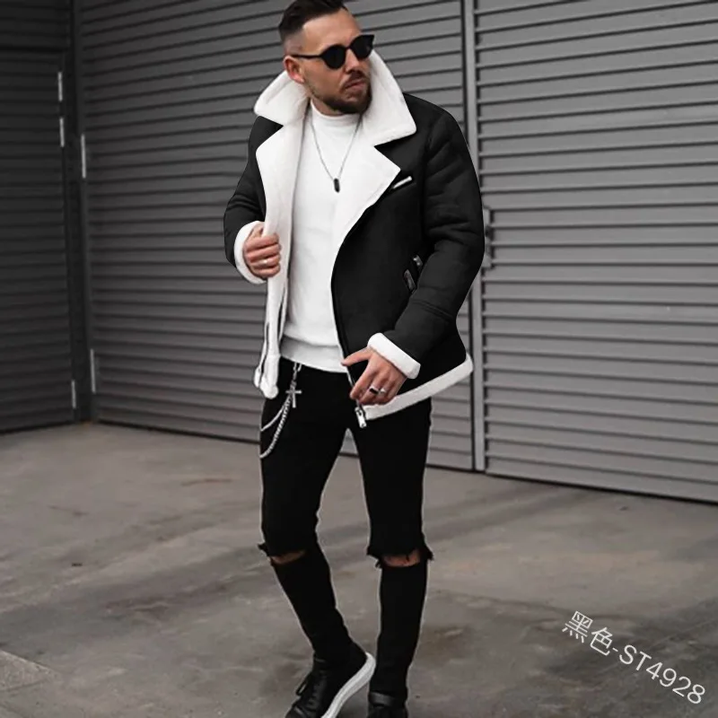 

Wepbel Long Sleeve V-neck Composite Faux Leather Coat Jackets Winter Polar Fleece Jackets Men Plus Size Lapel Warm Coat Outwear