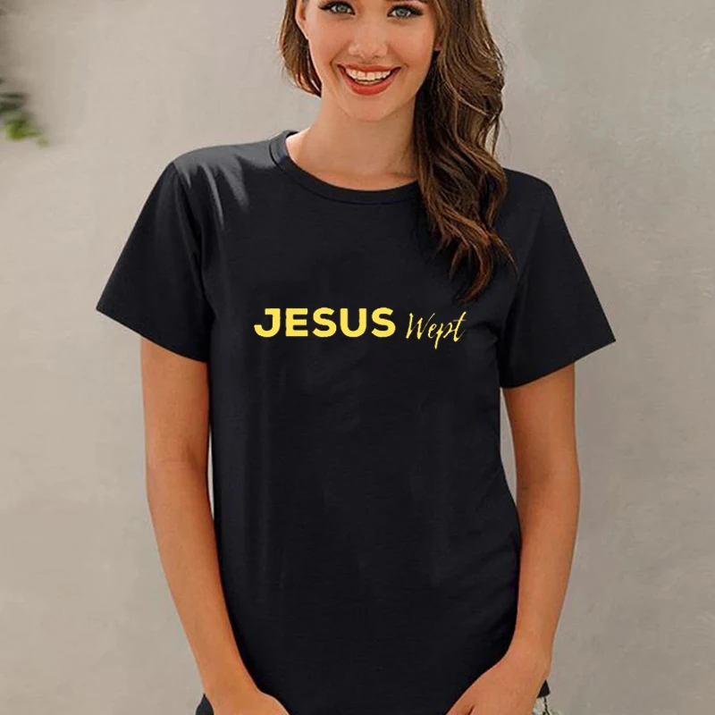 

Christian Faith Jesus Wept Womens T-Shirt Jesus Will Save Me Printed Casual Summer Cotton Tee Black White Loose Fashion Tops