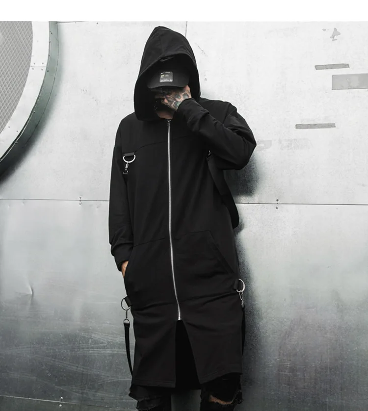 

Hip Hop Punk Black Coat Men Spring High Street Ribbon Thick Long Sleeve Hooded Shirt Coat Men Streetwear Jacket Outerwear