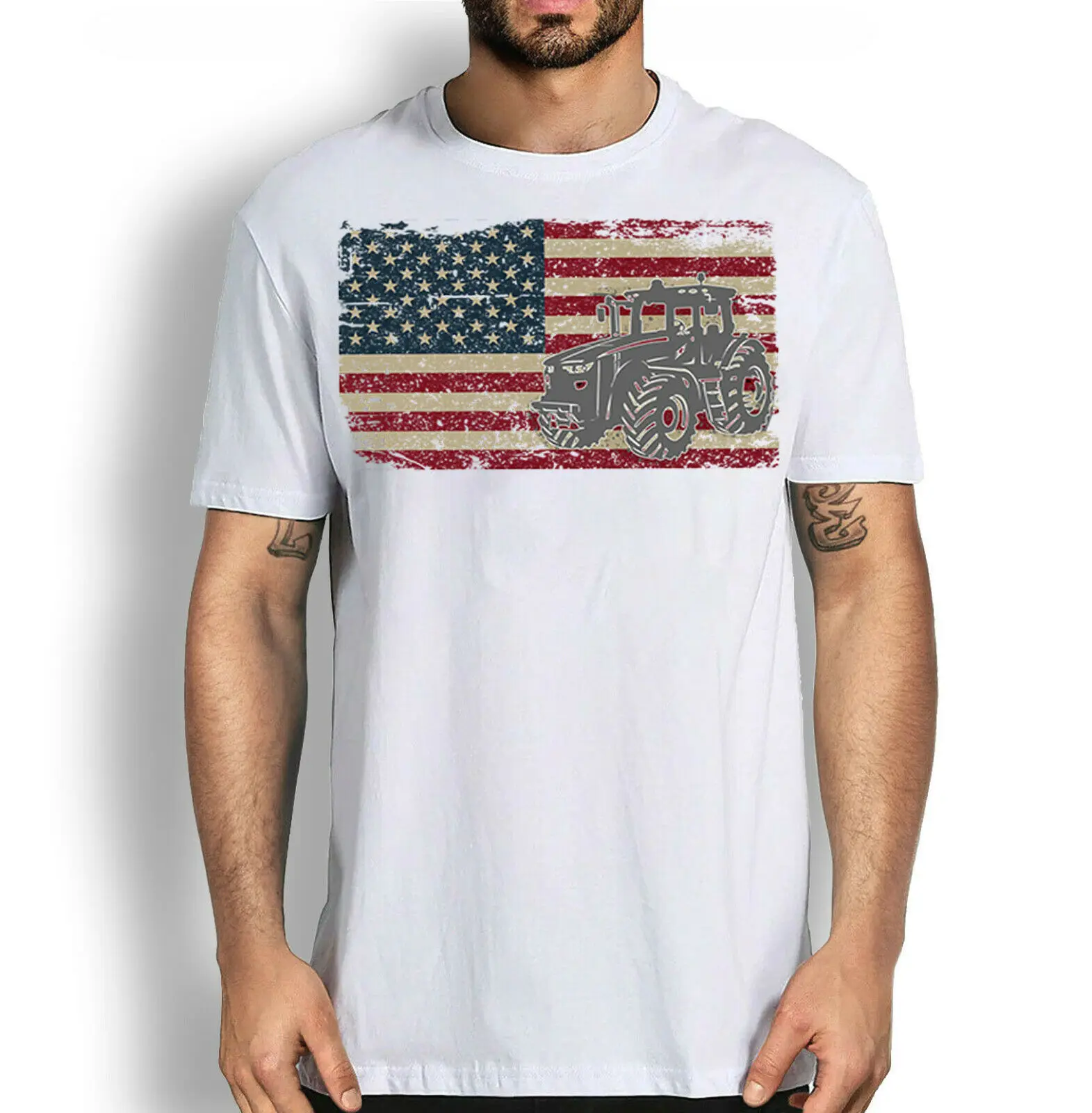 

Us Flag T-shirt,Farm Tractors America Flag I Patriotic Farming Gift T-shirt Versatile O - Collar Four - Season Printing