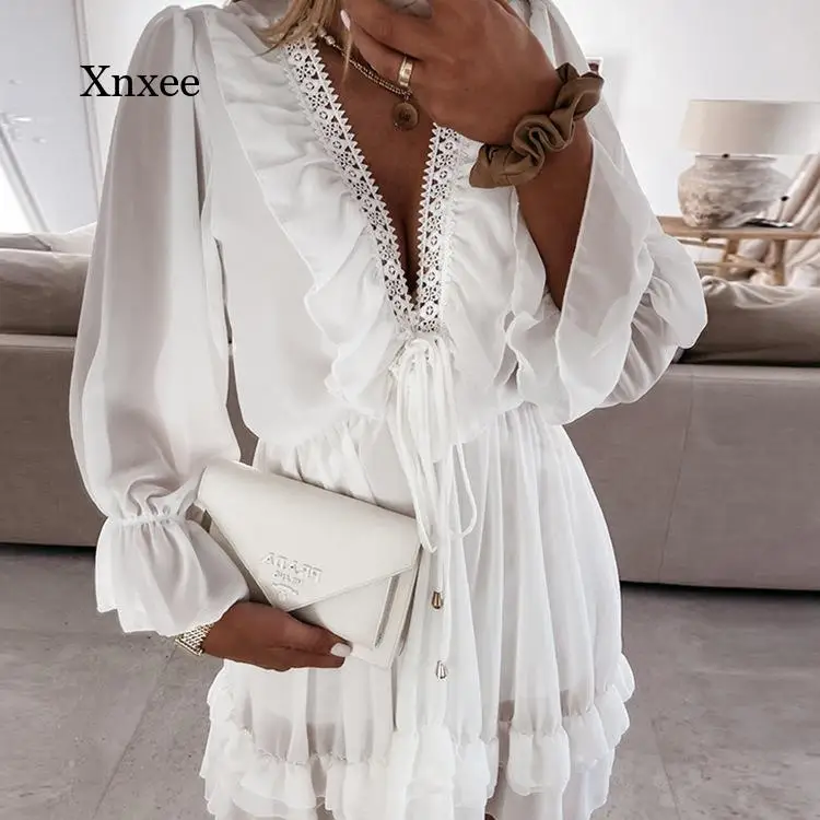 

Женское шифоновое мини-платье с рюшами, кружевное платье с длинным рукавом и V-образным вырезом