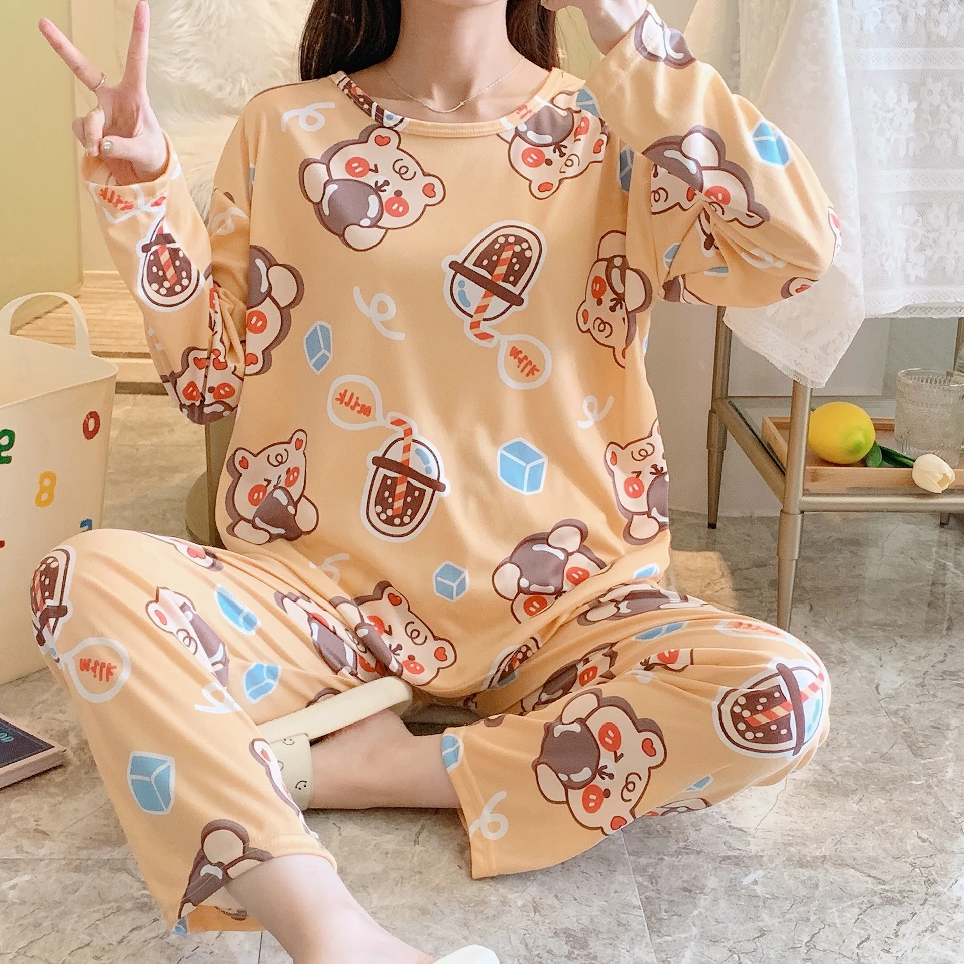 

New Long Sleeve Suit Pajamas Women's High-grade Thin Net Red Loose Ins Sexy Go Out and Wear Home Clothes Pajama Set Women