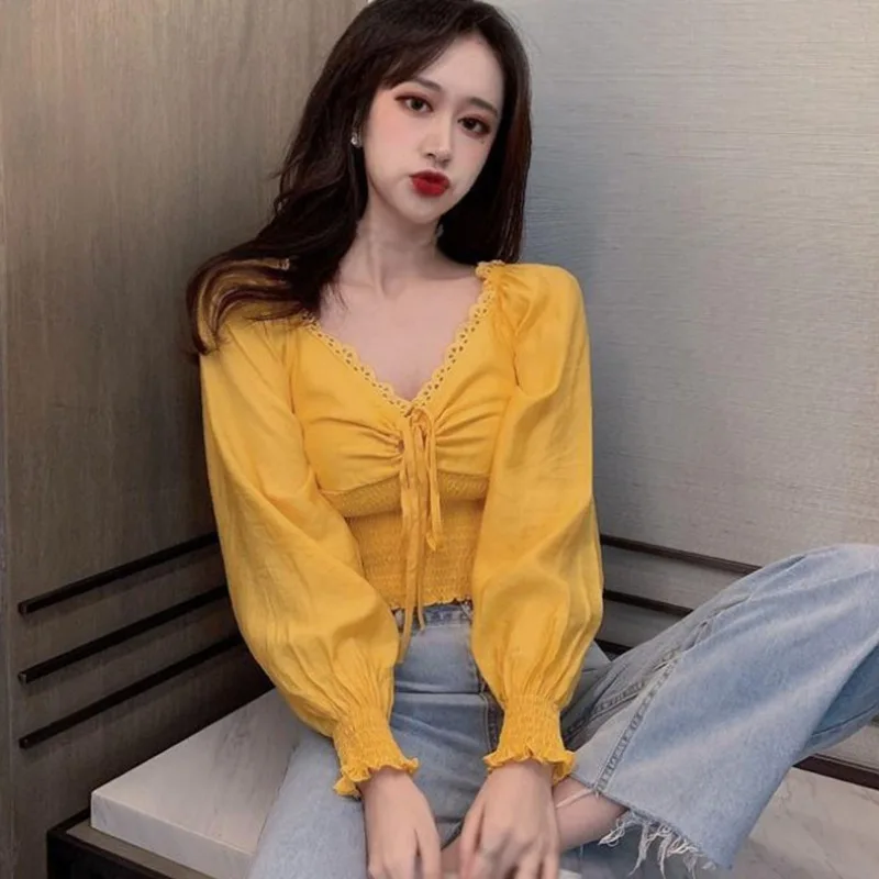 

Women's Blouses Exposed Navel Long Sleeves Blouse and Tops Solid Color Women Shirt Spring Autumn V Neck Hollow Out Slim Shirts