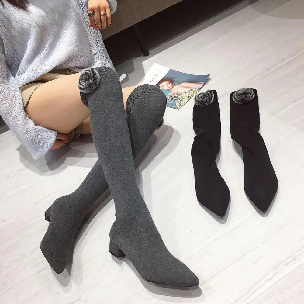 NIUFUNI 2021 Lady Over The Knee Sock Boots Fashion Flower Knitting Thigh Boots Pointed Toe Chunky Heel Elasitc Sock Boots Shoes