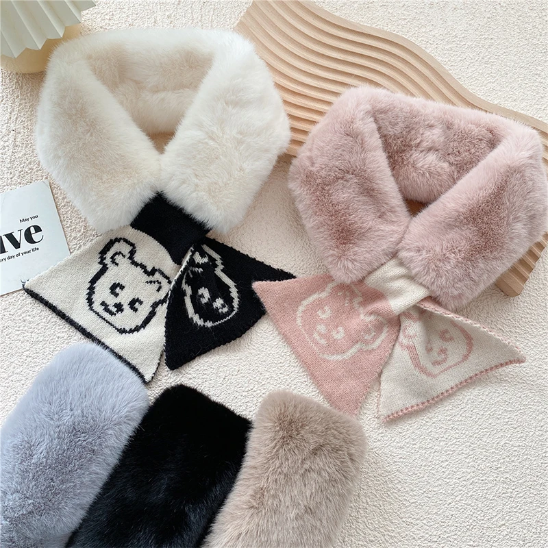 

Versatile Warm Scarf Japanese Style Plush Scarf Cute Sweet Cross Scarf Bear Scarf Autumn Winter Solid Color Scarf for Women