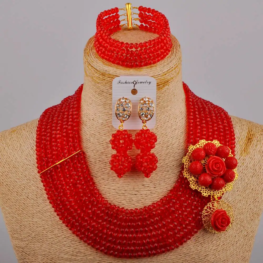 

New Nigerian Bride Red Crystal Necklace Wedding Dress Accessories African Wedding Women Wedding Jewelry Set SJ-79