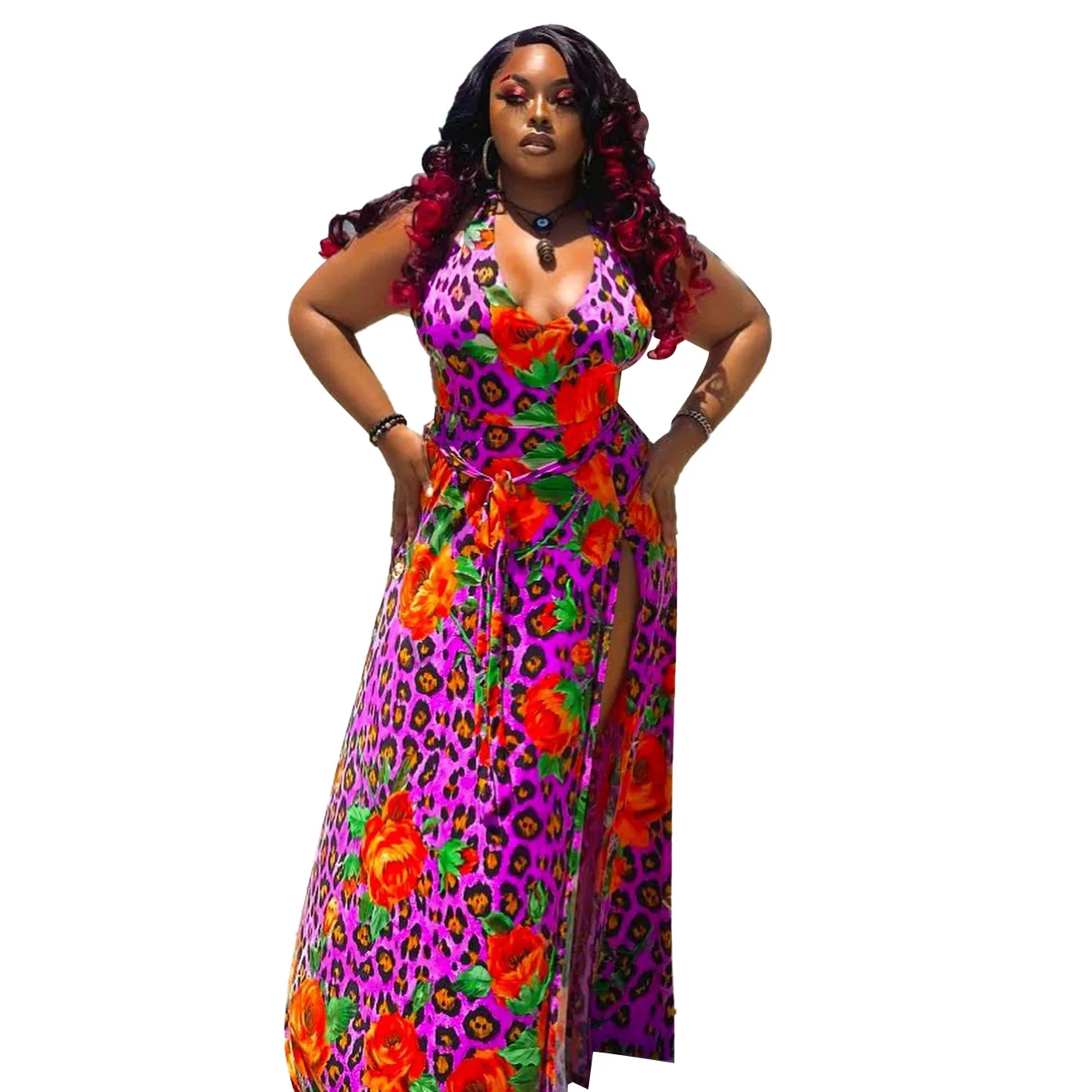 

Women Plus Size Dress Print Sleeveless V-neck Bandage Fit and Flare Maxi Long Dresses Fashion High Streetwear Summer