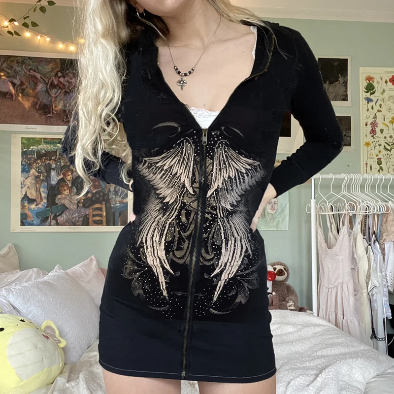 

IMCUTE Gothic Retro Print Angel Wings Zipper Long Sleeve Dress Y2K Women's Black V-Neck Hooded Dress 2000S Street Fashion Dress