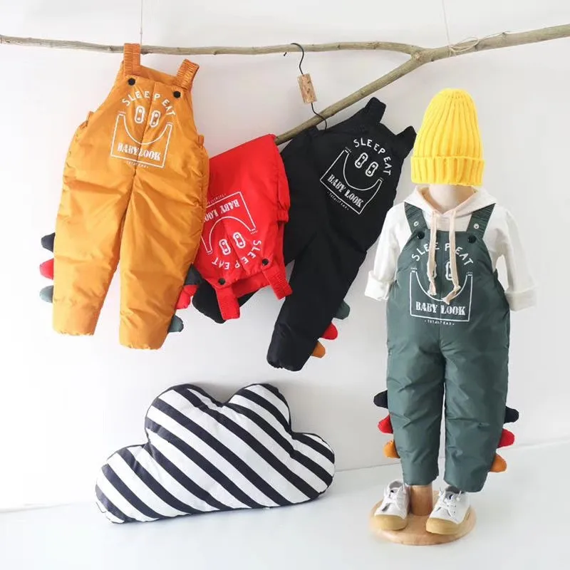 

Winter Kids Overalls Casual Printing Thickening Down Jumpsuit For Girls Boys Pants 2019 High Quality Warm Child Jumpsuits New