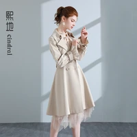 2021 spring new khaki double breasted windbreaker coat womens middle and long korean style temperament slim fashion
