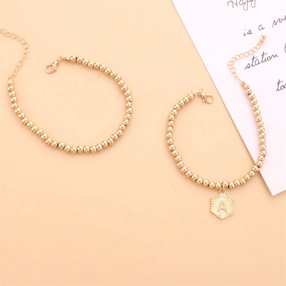 

YOUVI 2PCS Metal Beads Chains Bracelets Set for Women Geometric Coin Letter A Pedant Bangels Bracelet on Hand Jewelry Arm Chains