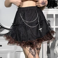 darkness women fashion skirt retro black gothic lace edge patchwork knee length high waist female skirt party dress for women