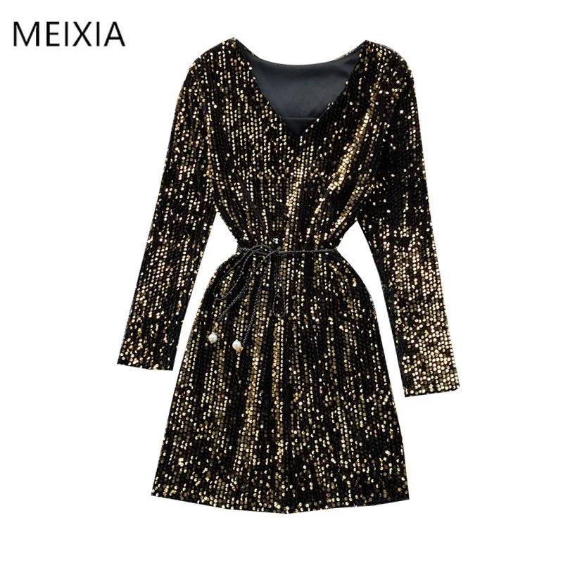 

2020 Spring Autumn Women's Sequin V-neck Dress Long Sleeve Dress New Temperament Slim Sexy Party Dress Bottoming Dress