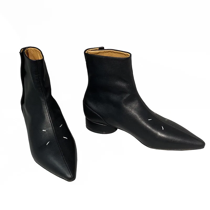 

Женские ботильоны с острым носком, кожаные ботинки на толстом массивном каблуке с застежкой-липучкой, женская обувь с круглым каблуком 3 см
