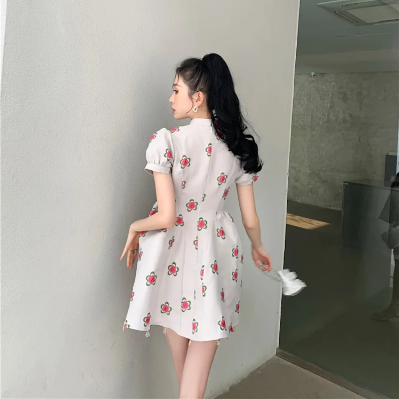 

Kimotimo Sweet Print Short Sleeve Dress Women Korean Chic Vintage Small Stand Collar Puff Sleeve Jacquard Waist Cheongsam Dress