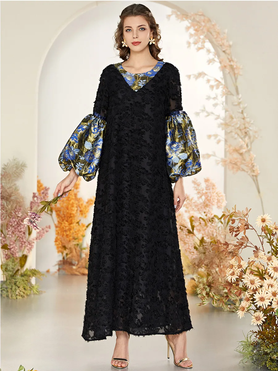 

Dubai Arabian Hui Plus Size Women's Middle Eastern Fashion Temperament Black Lace Contrast Stitching Lantern Long Sleeve Muslim