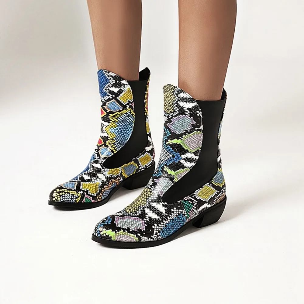 

OEING US4-13 Womens Pointy Toe Snake Pattern Stitching PU Leather Ankle Boots Chunky Heel Shoes Mixed Colors Plus Size
