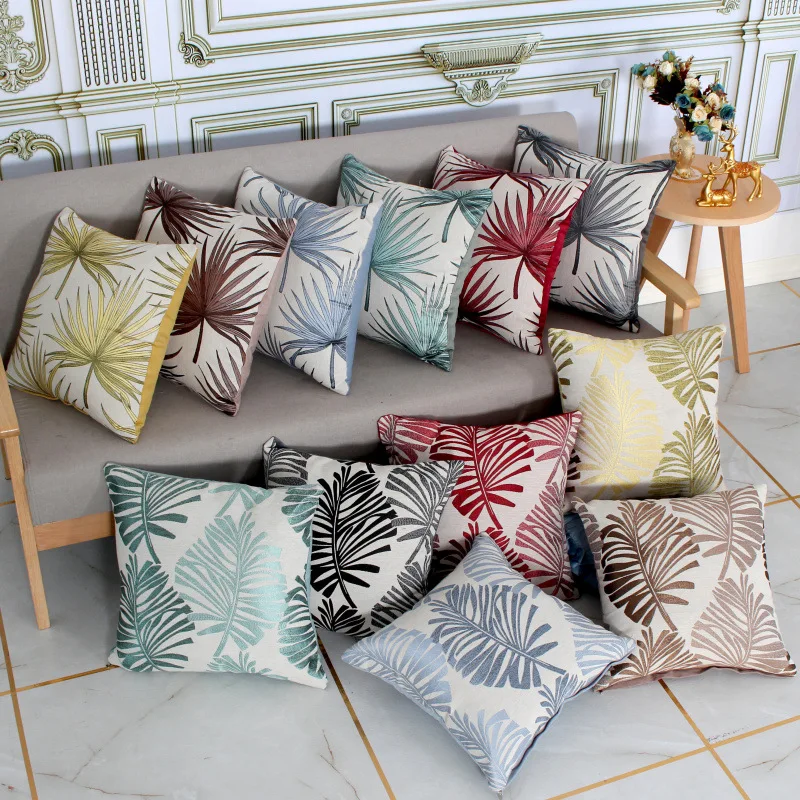

Home Linen Cotton Leaf Embroidered Pillow Cover Rectangle Cushion Sofa Livingroom Chair 45x45cm Pillow Case Decorative