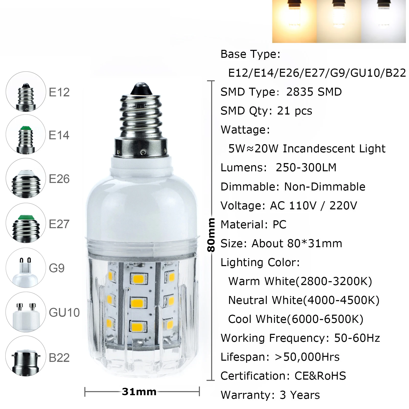 Светодиодный кукурузы лампочка E12 E14 E26 E27 B22 лампы 2835 SMD 110 220V 5 Вт 6 Вт, 15 Вт, 20-60 W 21 30 102 светодиодный S для Украшения дома и офиса - Испускаемый цвет: 5W 21LEDs