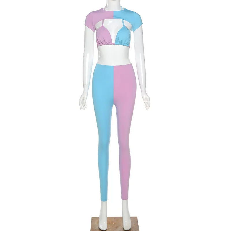 Женский спортивный костюм облегающий эластичный без рукавов с укороченным топом