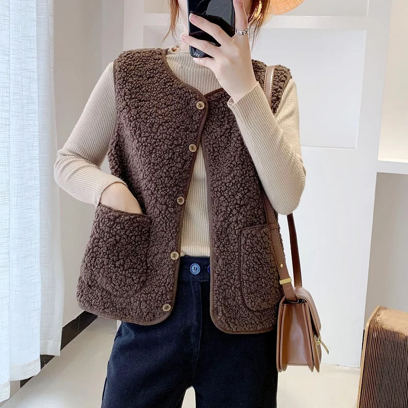 

Lamb Wool Thick Warm Vest Women Waistcoat 2021 Fashion Autumn Winter Single Breasted Sleeveless Jacket Coat Female with Pocket