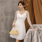 YIGELILA осеннее сексуальное кружевное платье с V-образным вырезом на спине, однотонное платье-трапеция с длинным рукавом, облегающее платье мини выше колена 65127