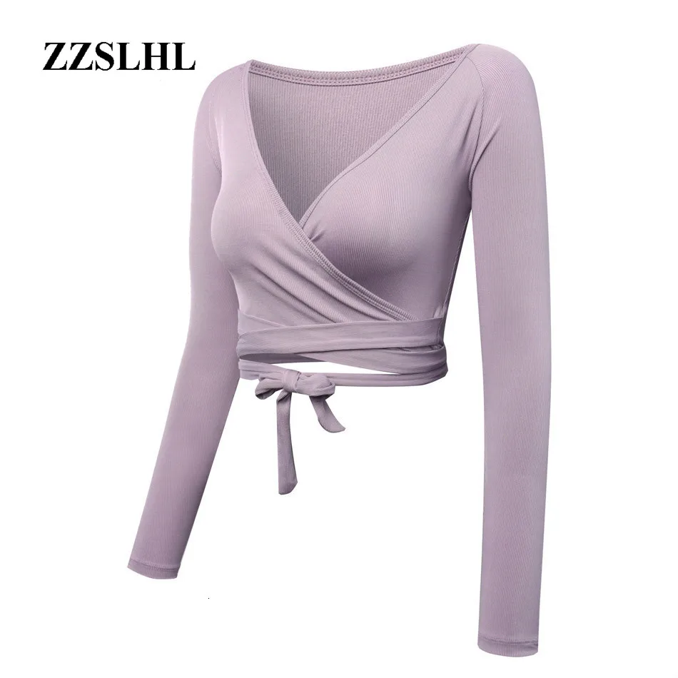 Женский укороченный Топ с длинным рукавом для йоги танцев лавандовые футболки