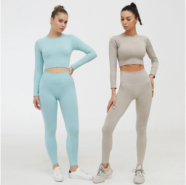 

hot new plus size women long sleeve tight running breathable seamless Yoga set woman sports yoga pants set