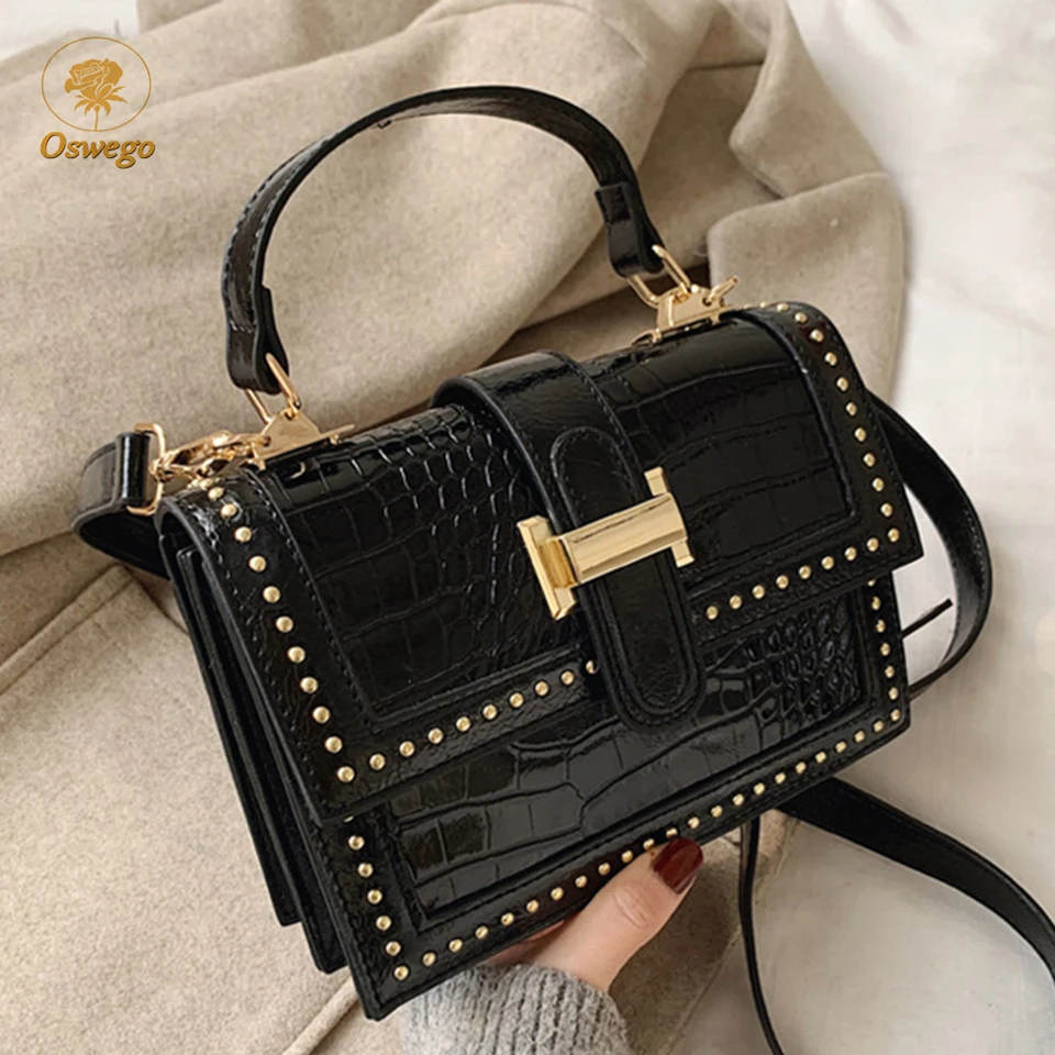 

Oswego Crocodile Pattern Rivets Leather Crossbody Bags For Women 2020 Fashion Tote Bags Female Shoulder Messenger Bag Dropship
