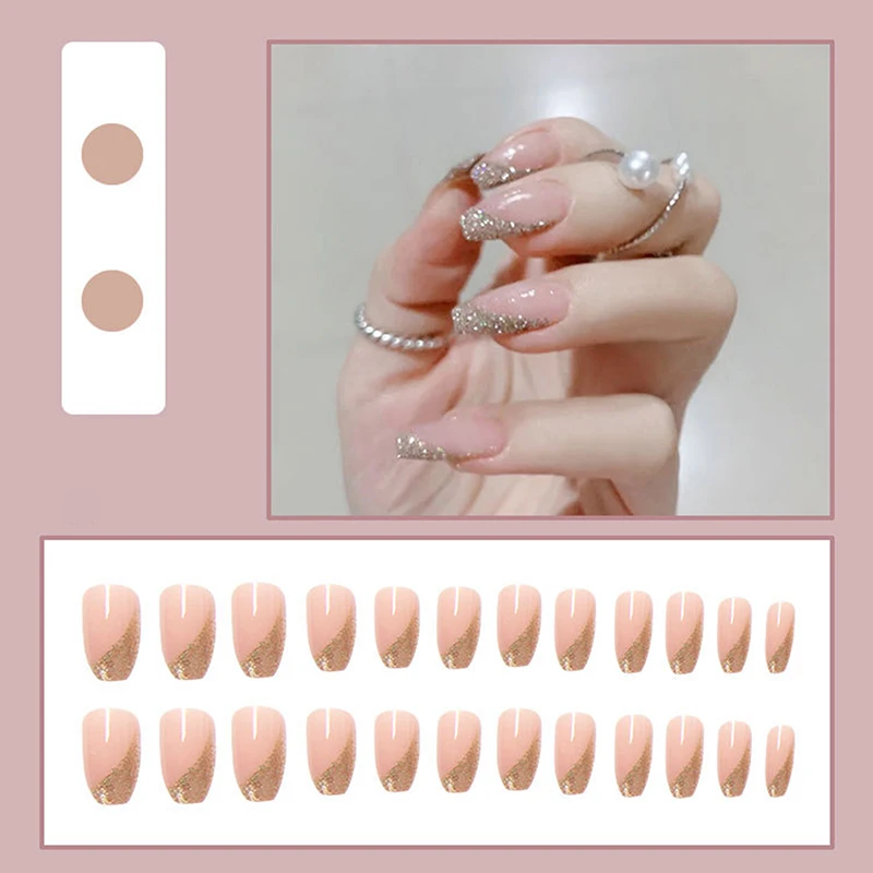 

2021 24pcs Nude Glitter Wear Long Paragraph Fashion Manicure Patch False Nails Save Time Wearable Nail Patch EY669