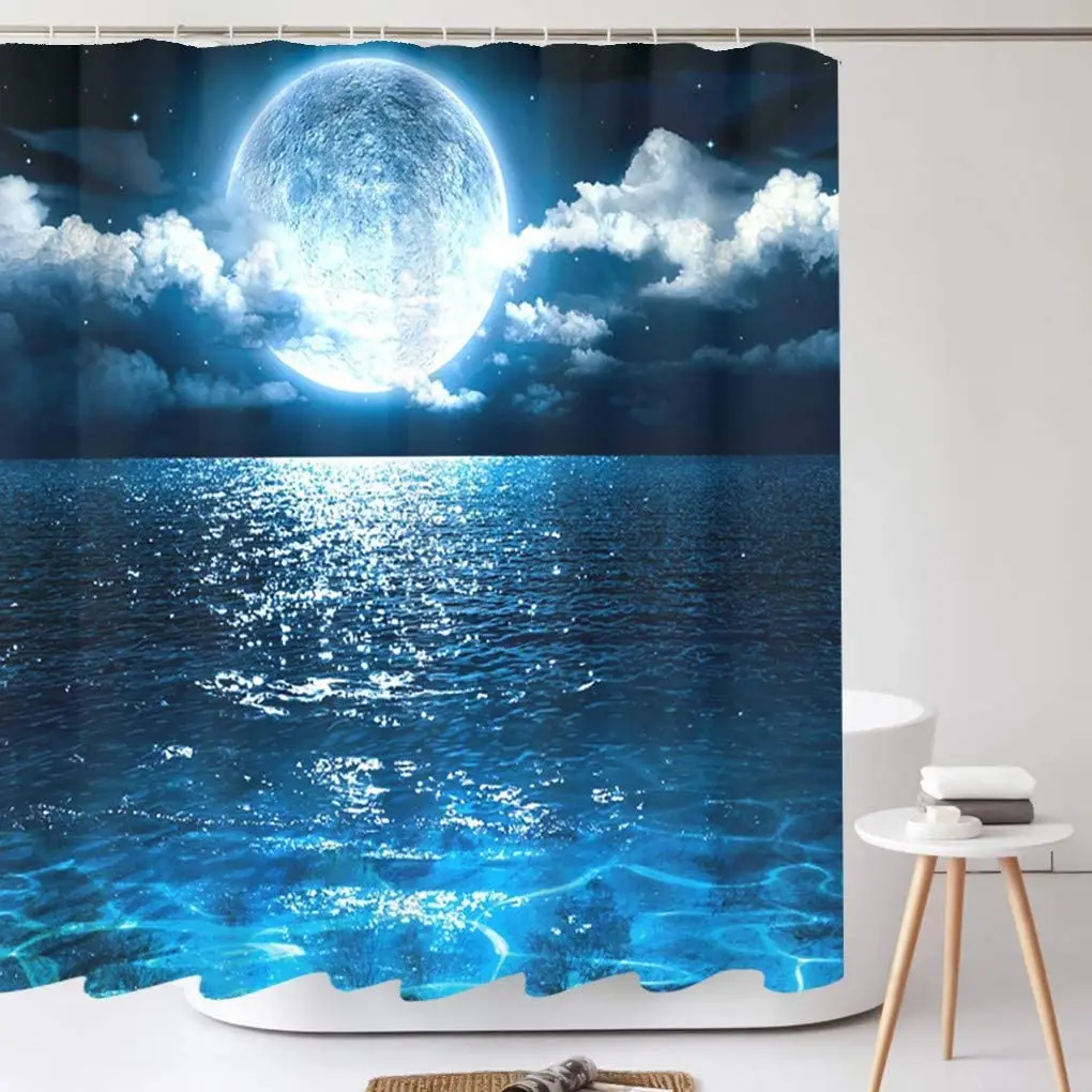 

Занавеска для душа с изображением океана, декоративный крючок в ванную комнату, ночная Звездная, синяя, морская волна, Полиэстеровая ткань
