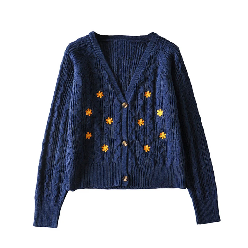

Casual retro small flower embroidery short knit sweater 2021 autumn new single-breasted twist knit sweater long-sleeved cardigan