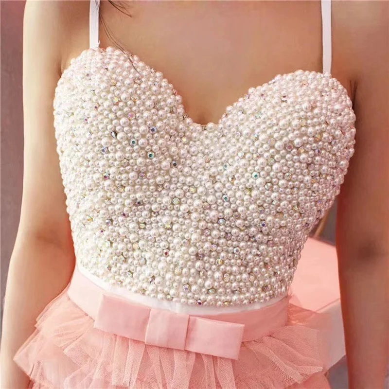 

Women Summer Corset with Rhinestones Pearl Crop Top Female Sexy V-neck Corset Sexy Commute Camisole