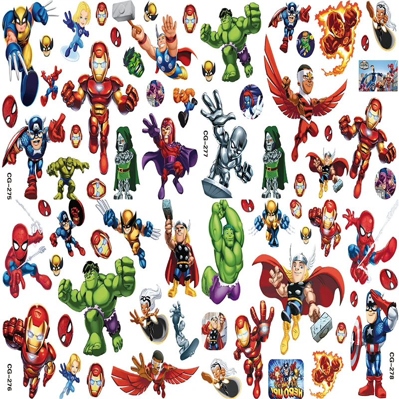 Мультяшные наклейки мстители Человек-паук Халк Капитан Америка тату-наклейки