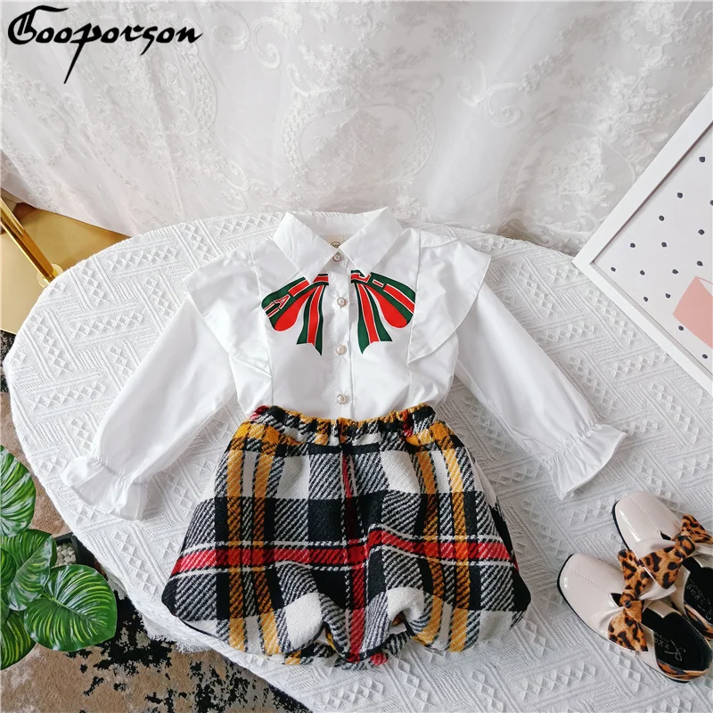 Осенняя одежда для девочек блузка с длинным рукавом бантом и клетчатая юбка