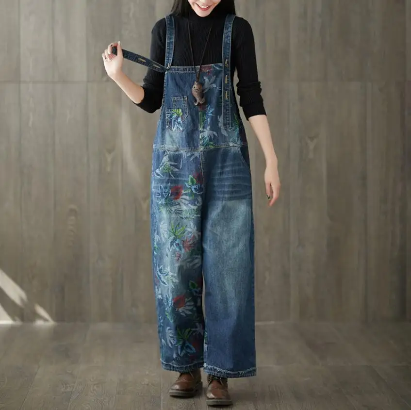 

Women Wide Leg Suspenders Bib Jean Jumpsuits Vintage Printed denim Overalls Bleached Drop Crotch Denim Rompers Pants p2296