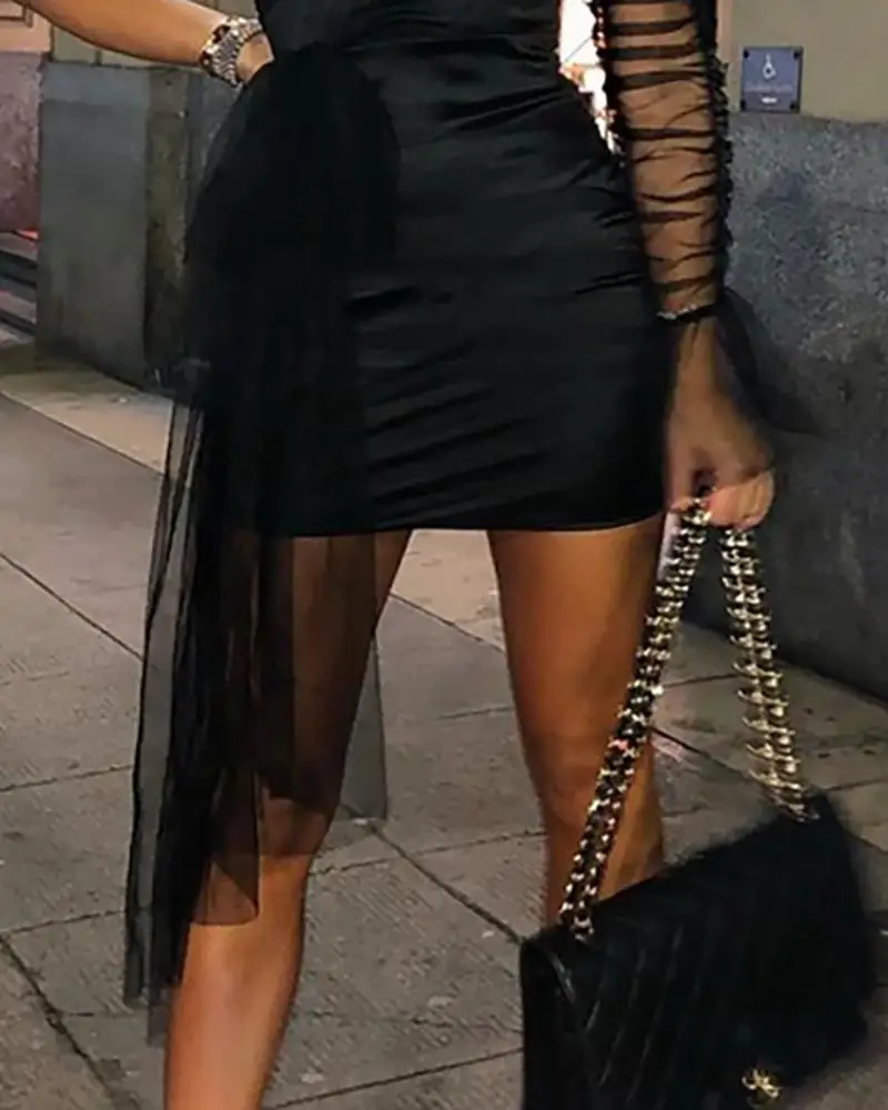 

Mesh Patchwork One Shoulder Bodycon Dress Women sexy one mesh sleeve party dress