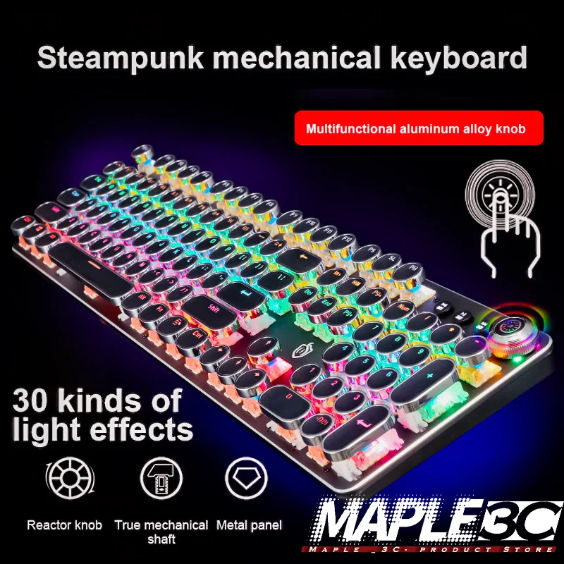 

2021 RPG Mechanical Gaming Keyboard Retro Metal Glowing 104 Keys Round Keycap 36 Colors Cyberpunk Style Keyboard High Quality
