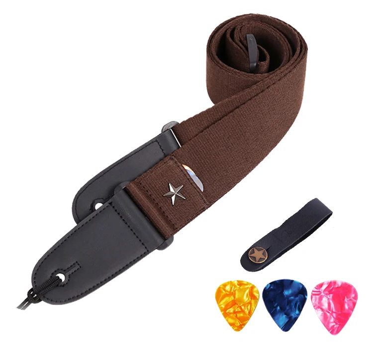 Brown 1Button 3Pick Регулируемый хлопковый ремень для электрогитары, ремень для акустической гитары, бас с 3 клипсами, 1 ремень, держатель, кнопка, аксессуары для гитары GYH - Цвет: Brown 1Button 3Pick